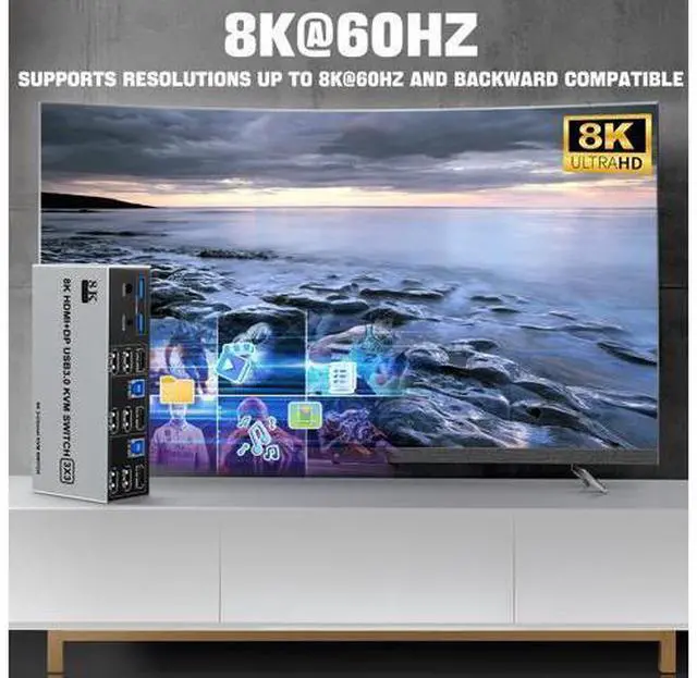 Alt view image 3 of 5 - 8K@60Hz USB3.0 2 Displayport+HDMI KVM Switch Triple Monitor 2Computer, 2PC Share 3Monitors (HDMI+2 Displayport) KVM Switch with Audio Microphone and 3USB Ports, HDMI+2 DP Monitor Switch for 2PC