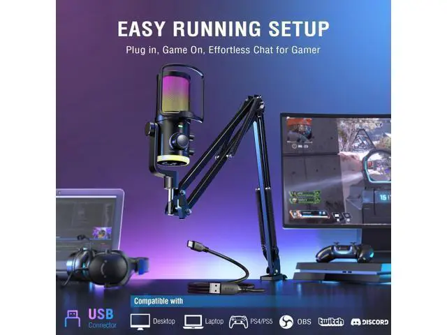 Alt view image 5 of 7 - Deuninker USB Streaming Microphone Kit for Gaming, Condenser Mic with RGB, Noise Cancellation, Game/Chat Dial-Plug & Play for PC Twitch/YouTube/Podcast, Includes Boom Arm & Pop Filter-AmpliGame AM6T