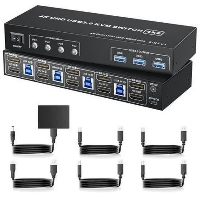 Main image of LUKFOCAB DisplayPort KVM Switch Box for 4 Computers Share 2 Monitors, DP KVM Switch with 3 USB 3.0 Ports, Support 4K@60Hz Copy Extended Splicing Display, Button Controller & 4 USB Cables Included