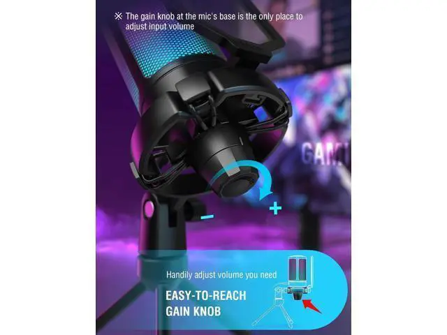 Alt view image 4 of 7 - Deuninker USB Gaming Microphone Bundle, Condenser PC Mic with RGB Control, Boom Arm Stand, Gain Knob, Mute Button, Metal Boom Arm with 3/8 to 5/8 Adapter for Streaming YouTube Video (A6V+BM38)