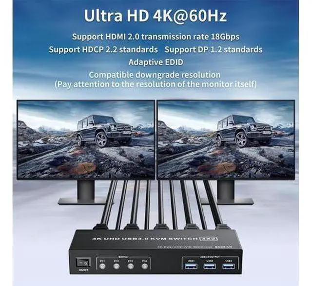 Alt view image 4 of 5 - LUKFOCAB DisplayPort KVM Switch Box for 4 Computers Share 2 Monitors, DP KVM Switch with 3 USB 3.0 Ports, Support 4K@60Hz Copy Extended Splicing Display, Button Controller & 4 USB Cables Included