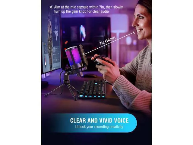 Alt view image 5 of 7 - Deuninker USB Gaming Microphone Bundle, Condenser PC Mic with RGB Control, Boom Arm Stand, Gain Knob, Mute Button, Metal Boom Arm with 3/8 to 5/8 Adapter for Streaming YouTube Video (A6V+BM38)