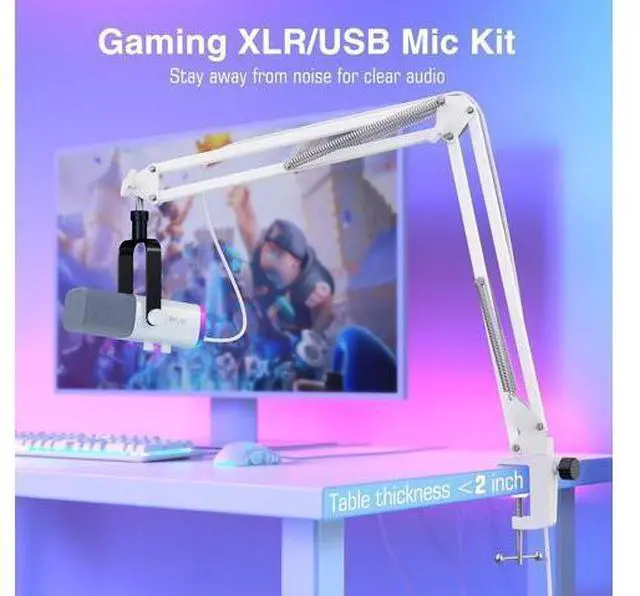 Alt view image 2 of 7 - Deuninker Gaming XLR/USB Microphone Kit, Streaming Dynamic Mic Set for PC, Computer Mic for Vocal Podcast Recording Voiceover, with Headphones Jack, Gain Knob, Arm Stand-AmpliGame AM8T White