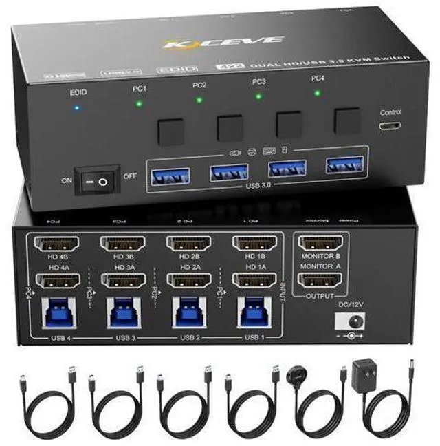 Main image of KVM Switch 2 Monitors 4 Computers HDMI, KCEVE 8K@60Hz, 4K@144 Hz USB 3.0 KVM Switcher Box with EDID Emulator for 4 Computers Share Mouse Keyboard and Monitor, Stable Chip, Great Compatibility
