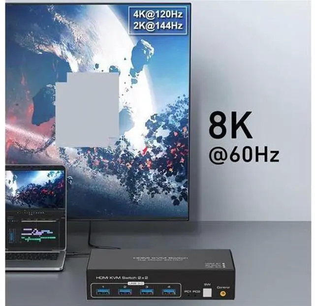 Alt view image 6 of 7 - HDMI-Compatible KVM Switch 8K 60Hz 2 Port Dual 2 Monitors 2 Computers 4K 120Hz USB 3.0 KVM Switch KVM Switcher HDMI 2.1(UK Power Plug)