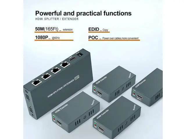Alt view image 2 of 7 - HDMI Extender Splitter 1x4, 1080P@60Hz, Extending 165ft (50m) Length Transmission Over CAT5e/CAT6/CAT7 Cable, 4 Channel Transmission Only 1 Power Adapter
