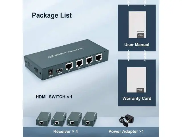 Alt view image 7 of 7 - HDMI Extender Splitter 1x4, 1080P@60Hz, Extending 165ft (50m) Length Transmission Over CAT5e/CAT6/CAT7 Cable, 4 Channel Transmission Only 1 Power Adapter