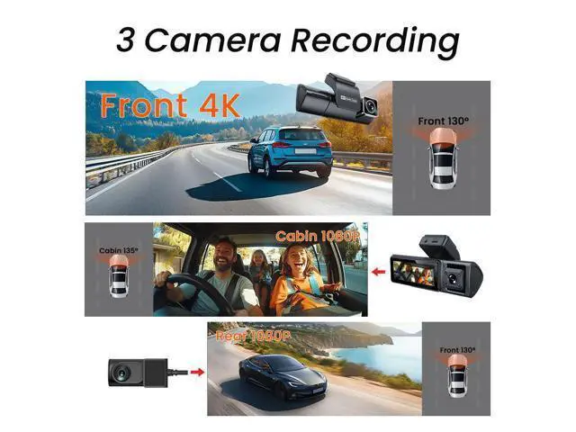 Alt view image 6 of 6 - QURO Dashcam 3 Camera Front 4K+Interior Night Vision 1080P+ Rear 1080P 3 Channels Auto Car Camera 3.2"IPS Screen WiFi App Control