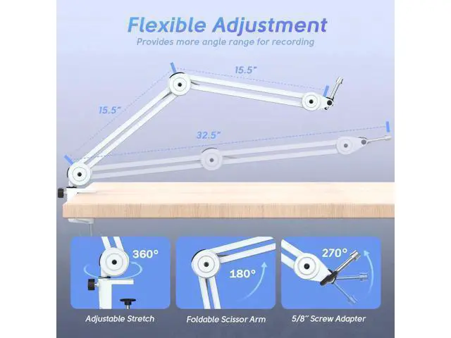 Alt view image 3 of 7 - Deuninker Microphone Boom Arm Kit, Metal Heavy Duty Mic Stand with 3/8" to 5/8" Threads Screw & 10ft Balanced XLR Cable for Podcasting Recording, Streaming & Recording-BM63W+L9W