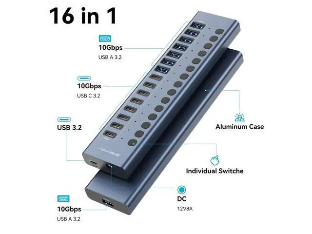 Alt view image 2 of 5 - Powered USB 3.2 Hub, ACASIS 16 Ports USB 3.2 Hub(8 USB-A 3.2 Ports+8 USB-C 3.2 Ports), Aluminum USB Hub Powered with 96W Power Adapter, USB Hub for PC/Laptop, Computer, Flash Drive, Printer, Camera