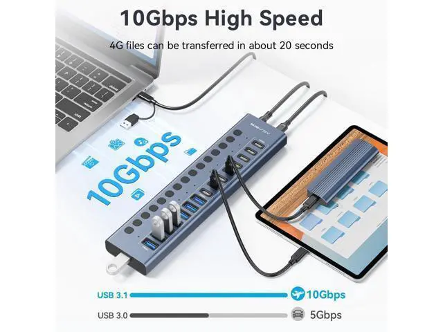 Alt view image 4 of 5 - Powered USB 3.2 Hub, ACASIS 16 Ports USB 3.2 Hub(8 USB-A 3.2 Ports+8 USB-C 3.2 Ports), Aluminum USB Hub Powered with 96W Power Adapter, USB Hub for PC/Laptop, Computer, Flash Drive, Printer, Camera