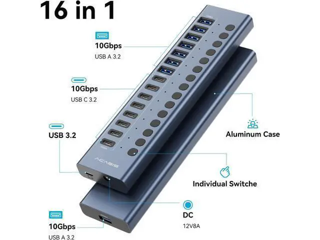 Alt view image 2 of 7 - Powered USB 3.2 Hub, ACASIS 16 Ports USB 3.2 Hub(8 USB-A 3.2 Ports+8 USB-C 3.2 Ports), Aluminum USB Hub Powered with 96W Power Adapter, USB Hub for PC/Laptop, Computer, Flash Drive, Printer, Camera