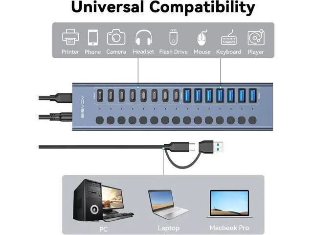 Alt view image 5 of 7 - Powered USB 3.2 Hub, ACASIS 16 Ports USB 3.2 Hub(8 USB-A 3.2 Ports+8 USB-C 3.2 Ports), Aluminum USB Hub Powered with 96W Power Adapter, USB Hub for PC/Laptop, Computer, Flash Drive, Printer, Camera