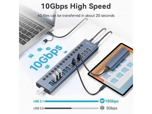 Alt view image 4 of 7 - Powered USB 3.2 Hub, ACASIS 16 Ports USB 3.2 Hub(8 USB-A 3.2 Ports+8 USB-C 3.2 Ports), Aluminum USB Hub Powered with 96W Power Adapter, USB Hub for PC/Laptop, Computer, Flash Drive, Printer, Camera