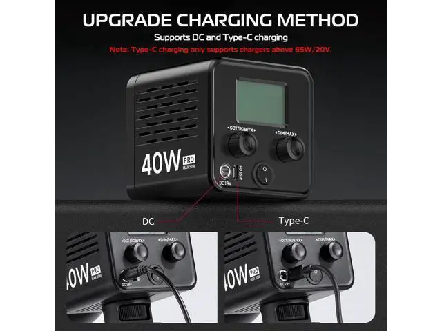 Alt view image 4 of 7 - Deuninker 40W Pro Portable LED Video Light with DC Power Adapter, 3400mAh Build-in Battery Metal Mini Dual Color Temperature COB Continuous Output Lighting Handheld Spotlight 2500K-6500K for Video