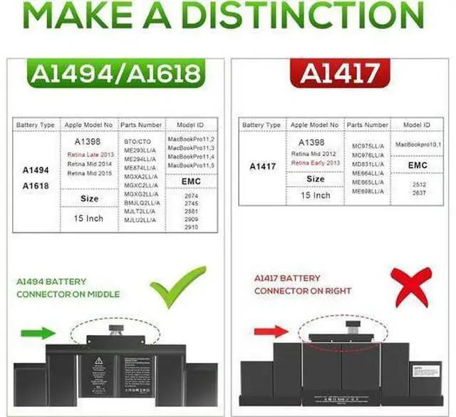 Alt view image 2 of 7 - 99.5Wh A1618 A1494 Laptop Battery for A1618 A1494 P/N:020-00079 02000079 for MacBook Pro 15" Inch Retina A1398 (Mid 2015 Mid 2014 Late 2013 Early 2015), NOT fit for: A1398 (Mid 2012 Early 2013)
