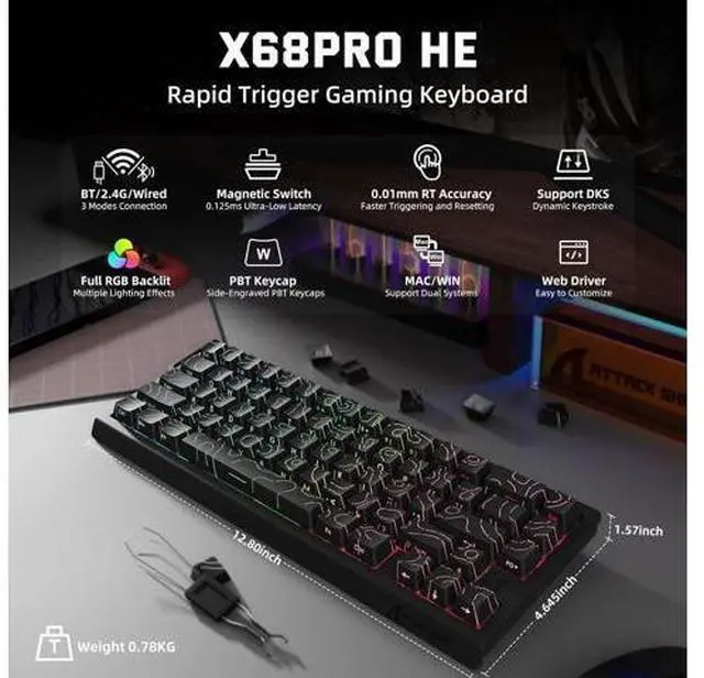 Alt view image 2 of 7 - X11 & X68 PRO HE Wireless Gaming Combo,Rapid Trigger Hall Effect Magnetic Switch 8K Keyboard,Ultra-Light 22K DPI PAW3311 Optical Sensor Mouse,RGB Backlit Tri-Mode with Coiled Cable-Black