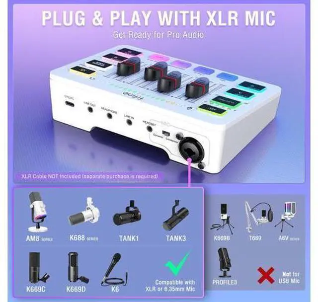 Alt view image 7 of 7 - DeuninkerAudio Mixer, Gaming Streaming PC Mixer with Slider Fader, XLR Microphone Interface, Monitoring, for Video/Game Voice/Podcast Recording-AmpliGame SC3W