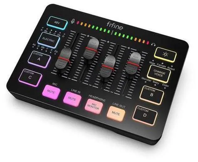 Main image of Gaming Audio Mixer, Streaming RGB PC Mixer with XLR Microphone Interface, Individual Control, Volume Fader, Mute Button, 48V Phantom Power, for Podcast/Recording/Vocal/Game Voice-AmpliGame SC