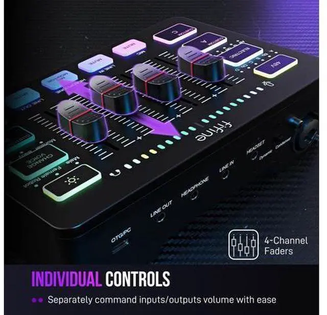 Alt view image 3 of 7 - Gaming Audio Mixer, Streaming RGB PC Mixer with XLR Microphone Interface, Individual Control, Volume Fader, Mute Button, 48V Phantom Power, for Podcast/Recording/Vocal/Game Voice-AmpliGame SC