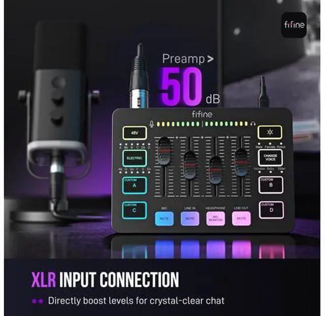 Alt view image 2 of 7 - Gaming Audio Mixer, Streaming RGB PC Mixer with XLR Microphone Interface, Individual Control, Volume Fader, Mute Button, 48V Phantom Power, for Podcast/Recording/Vocal/Game Voice-AmpliGame SC