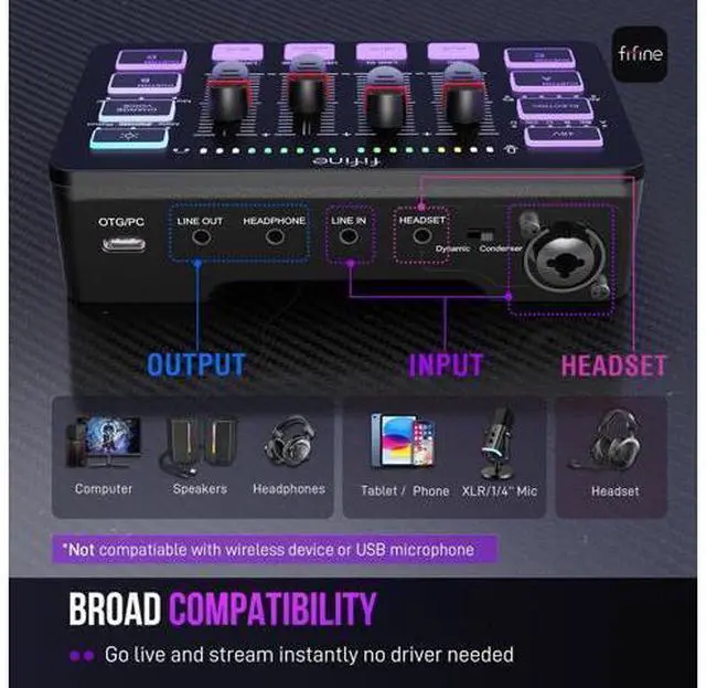 Alt view image 4 of 7 - Gaming Audio Mixer, Streaming RGB PC Mixer with XLR Microphone Interface, Individual Control, Volume Fader, Mute Button, 48V Phantom Power, for Podcast/Recording/Vocal/Game Voice-AmpliGame SC