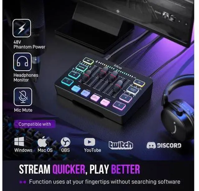 Alt view image 7 of 7 - Gaming Audio Mixer, Streaming RGB PC Mixer with XLR Microphone Interface, Individual Control, Volume Fader, Mute Button, 48V Phantom Power, for Podcast/Recording/Vocal/Game Voice-AmpliGame SC