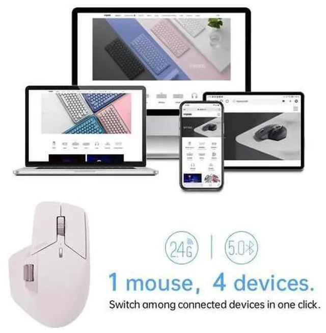 Alt view image 2 of 7 - MT760 Multi-Device Wireless Mouse, Bluetooth 5.0/3.0 + 2.4GHz Tri-Mode Connection, Support 4 Devices, M+ Cross-Computer Technology, 11 Programmable Buttons, 90 Days Battery Life, Pink