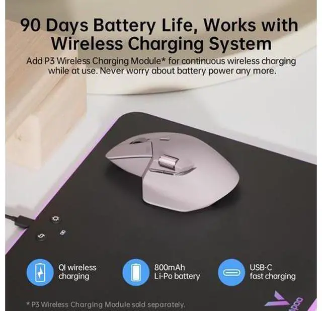 Alt view image 4 of 7 - MT760 Multi-Device Wireless Mouse, Bluetooth 5.0/3.0 + 2.4GHz Tri-Mode Connection, Support 4 Devices, M+ Cross-Computer Technology, 11 Programmable Buttons, 90 Days Battery Life, Pink