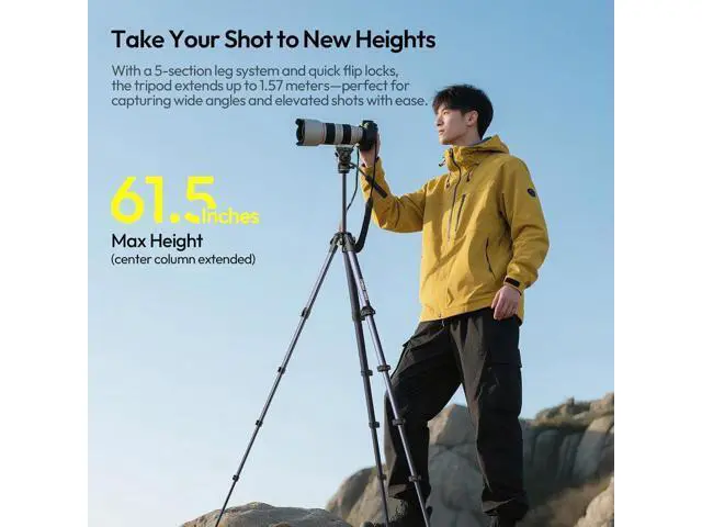 Alt view image 2 of 7 - DeuninkerOmbra Xiang Camera Video Tripod w Fluid Head, 61.5" Travel Tripod w 360° Rotated Arca Quick Release Plate, Portable Stand for Phone Camera Vlogging Video Shooting with Carry Bag Phone Clamp
