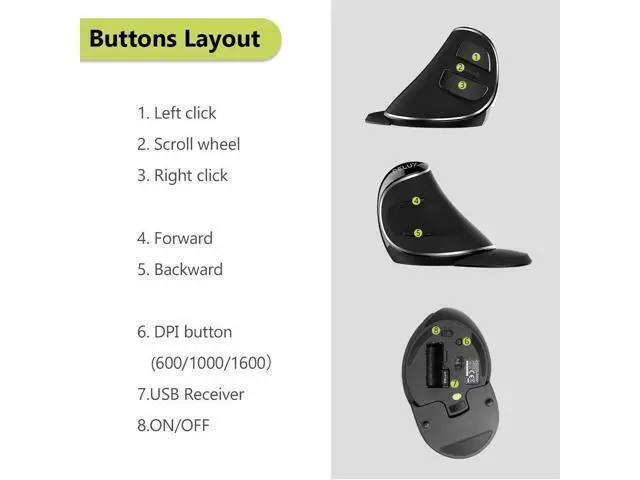 Alt view image 3 of 7 - DELUX Ergonomic Wireless Mouse with USB Receiver, 2.4G Wireless Vertical Mouse with 3 Adjustable DPI (800/1200/1600), 6 Buttons, Removable Wrist Rest for Laptop PC Computer (M618Plus Wireless-Black)