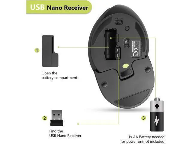 Alt view image 4 of 7 - DELUX Ergonomic Wireless Mouse with USB Receiver, 2.4G Wireless Vertical Mouse with 3 Adjustable DPI (800/1200/1600), 6 Buttons, Removable Wrist Rest for Laptop PC Computer (M618Plus Wireless-Black)