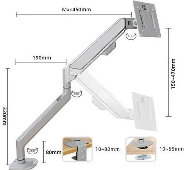 Alt view image 2 of 7 - Monitor Stands, Single Monitor Arm, Gas Spring Single Monitor Mount up to 32" and 19.8 lbs, Adjustable Aluminum Monitor Arm Desk Mount with C-Clamp and Grommet Base (Black),Black