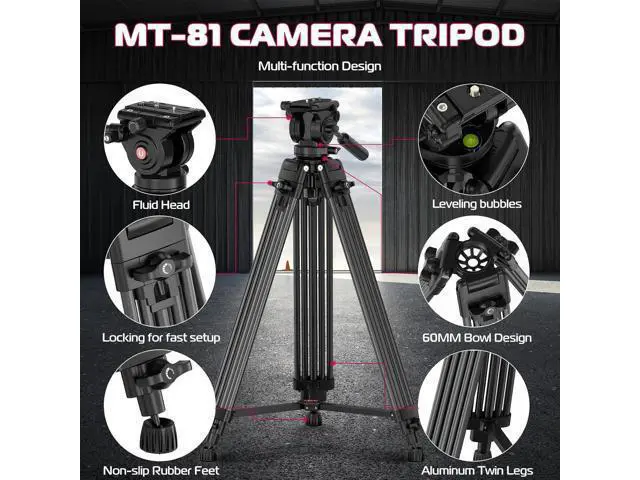 Alt view image 2 of 7 - Deuninker MT-81 Camera Video Tripod with 360 Degree Fluid Head, 61inch/155cm Heavy Duty Aluminum Alloy Camera Tripod Stand, Quick Release Plate Compatible with DSLR Camcorder, Load Up to 17.6lb/8kg