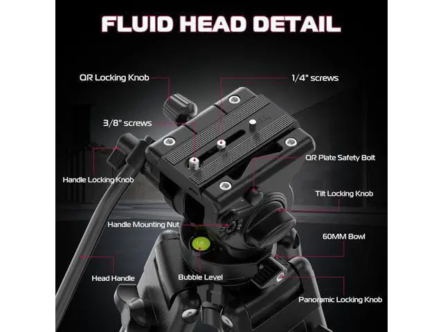 Alt view image 4 of 7 - Deuninker MT-81 Camera Video Tripod with 360 Degree Fluid Head, 61inch/155cm Heavy Duty Aluminum Alloy Camera Tripod Stand, Quick Release Plate Compatible with DSLR Camcorder, Load Up to 17.6lb/8kg