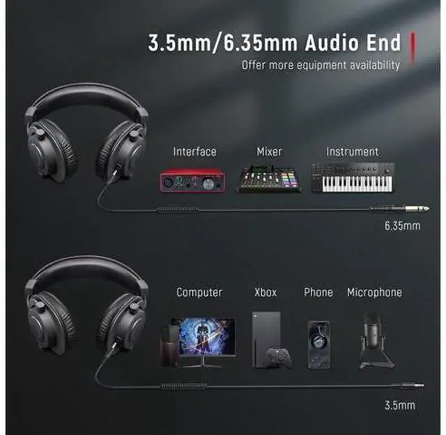 Alt view image 4 of 5 - Studio Monitor Headphones for Recording-Over Ear Wired Headphones for Podcast Monitoring, Streaming Comfortable Equipment with Detachable Cables 3.5mm or 6.35mm Jack, Black, on PC/ (ABCD2210H8)