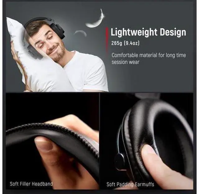 Alt view image 5 of 5 - Studio Monitor Headphones for Recording-Over Ear Wired Headphones for Podcast Monitoring, Streaming Comfortable Equipment with Detachable Cables 3.5mm or 6.35mm Jack, Black, on PC/ (ABCD2210H8)
