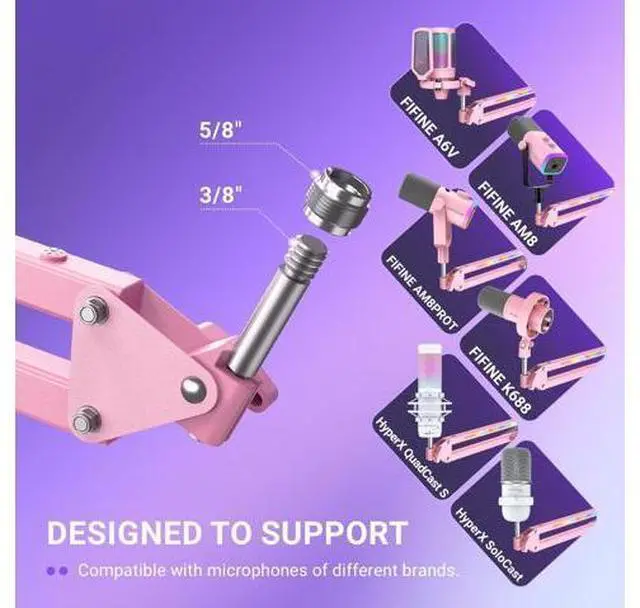 Alt view image 5 of 7 - Deuninker Microphone Boom Arm, Metal Adjustable Mic Arm Stand with RGB Button, 3/8 to 5/8 Screw Adapter, Desk Mount Clamp, Suspension Scissor Mic Stand for Gaming Streaming Podcast-AmpliGame BM38P