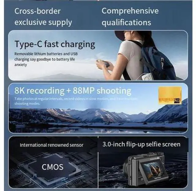 Alt view image 4 of 4 - 8K Ultra HD Digital Camera 88MP, 18X Zoom, 3" Flip Screen, WiFi, Student Selfie Camera, Slow Motion