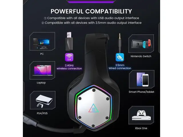 Alt view image 7 of 7 - Wireless Gaming Headset, 2.4GHz USB Gaming Headphones with Microphone for PC, PS5, PS4, Nintendo Switch, 7.1 Surround Sound Gaming Headset, RGB Light, Ergonomic Design, 3.5mm Wired for Xbox Serie