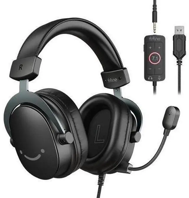 Main image of PC Gaming Headset, USB Headset with 7.1 Surround Sound, Detachable Microphone, Control Box, 3.5mm Headphones Jack, Over-Ear Wired Headset for PS5/PS4/Xbox/Switch, Black-AmpliGame H9