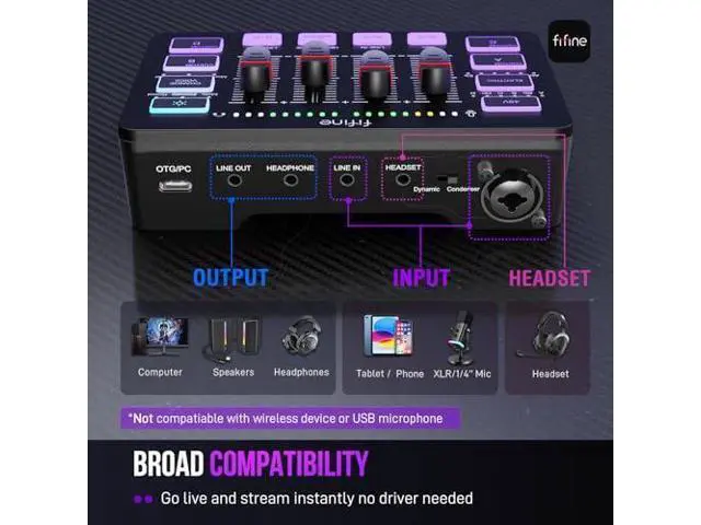 Alt view image 7 of 7 - Deuninker Karaoke Microphone and Streaming 4-Channel RGB Mixer, Gaming Audio Mixer with XLR Interface for Game Voice, Podcast, Recording, YouTube, Dynamic Vocal Microphone for SpeakerK6+SC3