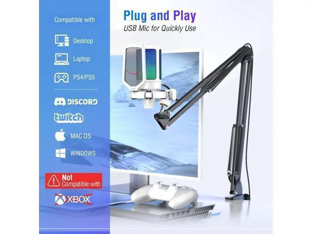 Alt view image 5 of 7 - Deuninker Streaming Gaming USB Microphone Kit, PC Condenser RGB Mic Compatible with PS4/PS5, Plug and Play for Music Recording, Online Game, Discord, Twitch, with Pop Filter, Shock Mount-A6T White