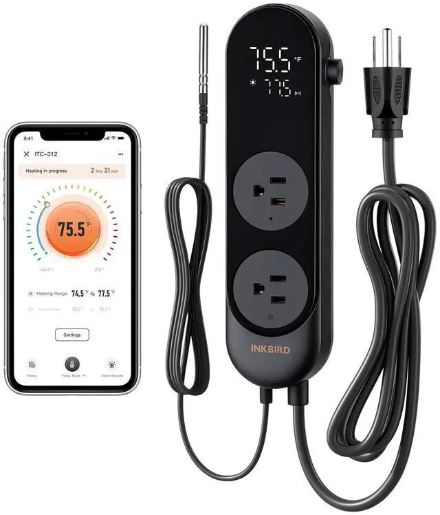 Main image of Bluetooth Digital Temperature Controller 1200W Heating Cooling 2-Stage Outlet Thermostat Controller Plug for Reptiles Aquarium Homebrew Breeding Fermenter