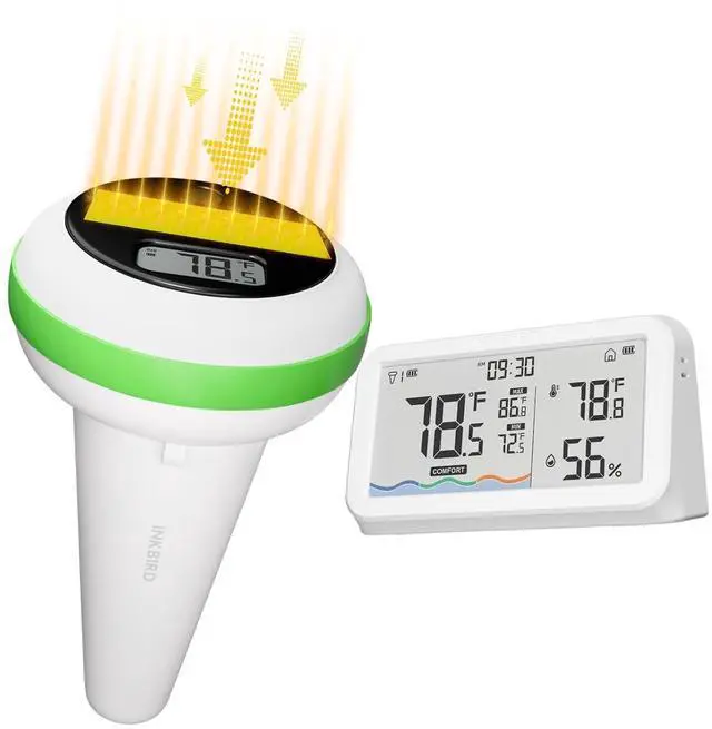 Main image of Solar Powered Floating Pool Thermometer, Wireless Digital Thermometer, IP68 Waterproof with Indoor Temperature Humidity Monitor, for Swimming Pool, IBS-P03R 2nd