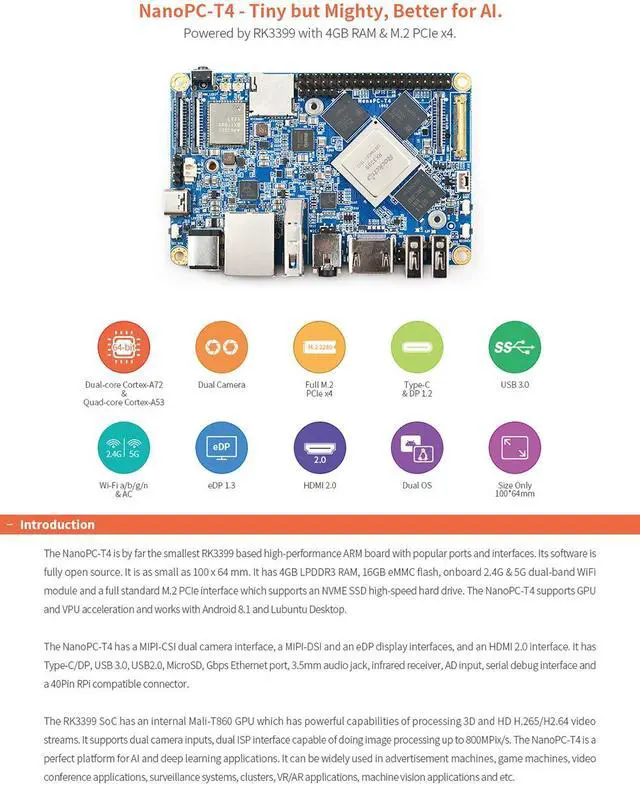 Alt view image 3 of 7 - NanoPC-T4 RK3399 ARM Dual-Display Mini PC LPDDR3 RAM 4GB Gbps Ethernet,Support Android 8.1 and Lubuntu 16.04, AI Project
