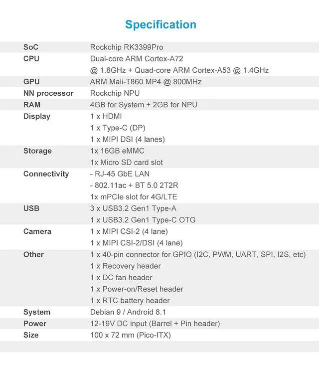Alt view image 4 of 7 - Tinker Edge R RK3399Pro Single Board Computer with 3 Tops NPU Ideal for Edge AI Computing andML Object Detection (6GB+16GB eMMC Version)