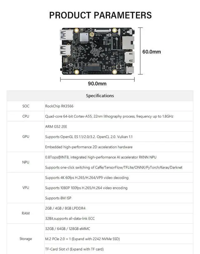 Alt view image 7 of 7 - Firefly ROC-RK3566-PC Rockchip RK3566 4GB RAM Single Board Computer Support Caffe/TensorFlow and Geek System