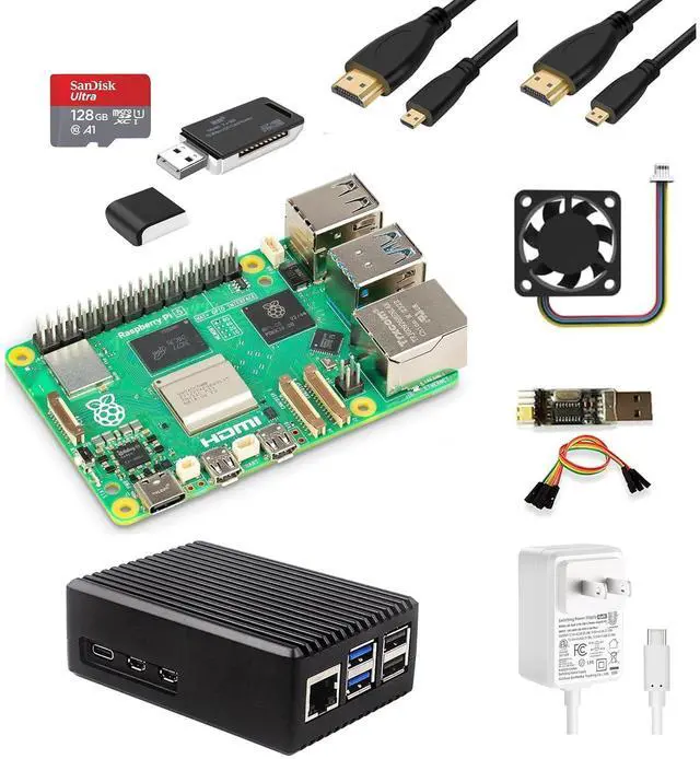 Main image of Rasp Pi 5 8GB Starter Kit, Pi 5 Single Board Computer, with Metal Case, 128GB Card and Card Readers, HDMI Cables and 27W USB C Power Supply Compatible with Raspberry Pi 5 (8GB Bundle)