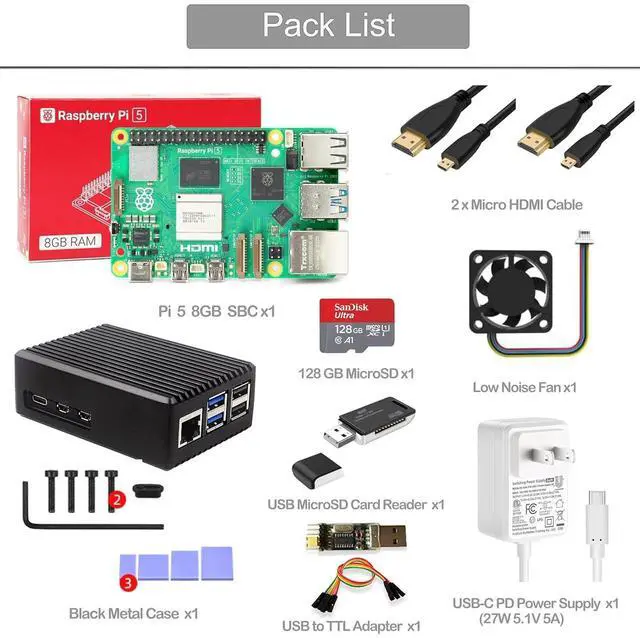 Alt view image 2 of 7 - Rasp Pi 5 8GB Starter Kit, Pi 5 Single Board Computer, with Metal Case, 128GB Card and Card Readers, HDMI Cables and 27W USB C Power Supply Compatible with Raspberry Pi 5 (8GB Bundle)